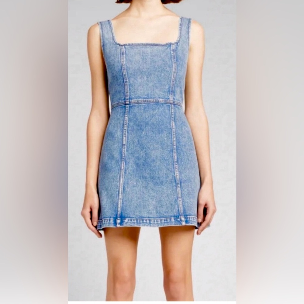 Alice + Olivia Cotton Denim Square Neckline Mini Dress Sleeveless in Blue Size 2